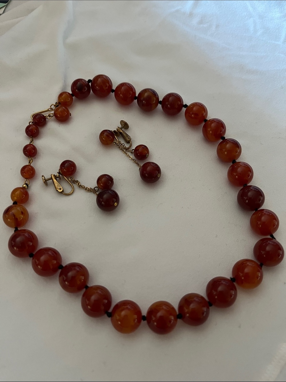 RICHELIOU Bead Necklace & Matching Clip-On Earrings, Warm Amber Vintage Set